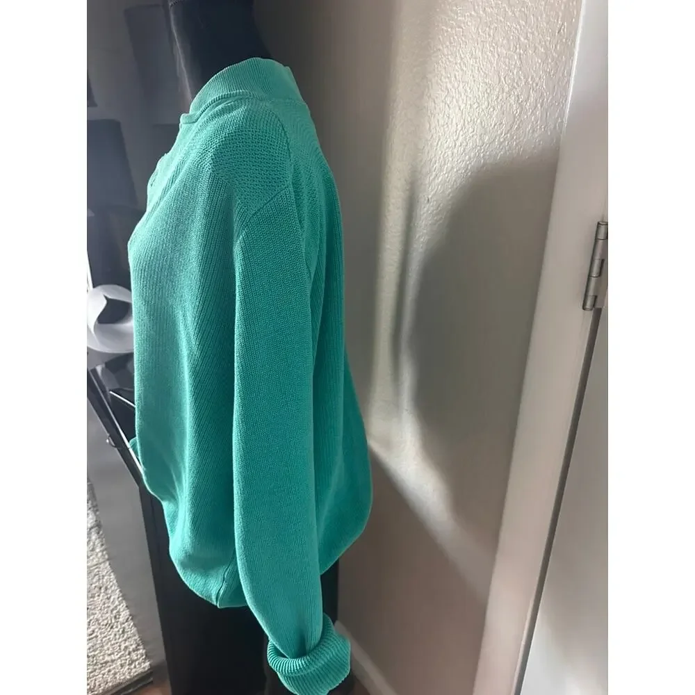Vintage 80s Lands End Made in USA Cotton Henley Sweater Emerald Green XL Long